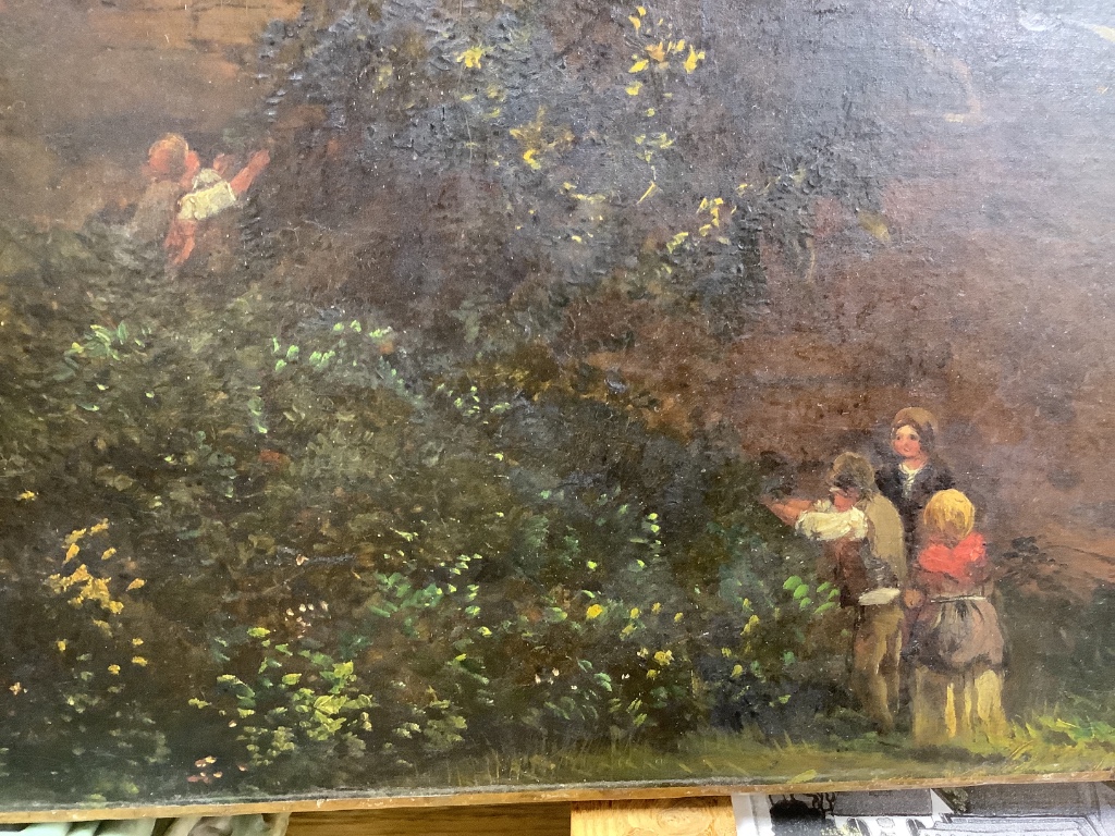 Victorian School, oil on canvas, Figures picking fruit in a landscape, indistinct label verso, 48 x 65cm, unframed